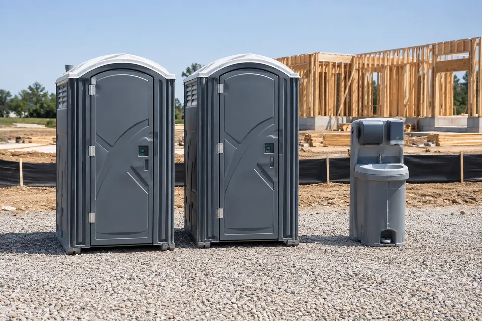 Portable toilets in a construction-site equipment scene
