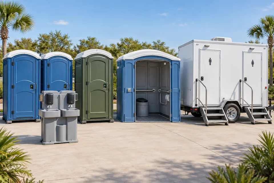 Lineup of standard, upgraded and accessible portable toilets, twin handwashing station and a restroom trailer